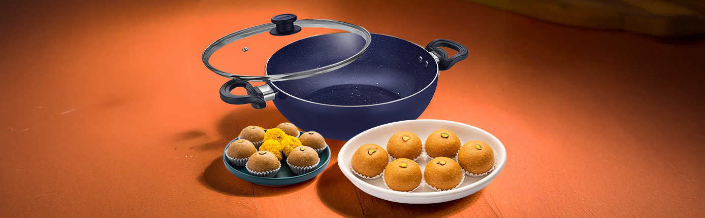 Besan Laddu in Prestige Omega Build Non-Stick Kadhai (PRSS-24cm)