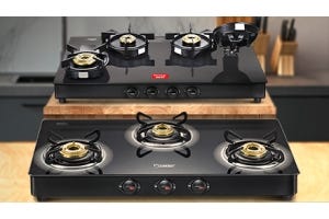Two Prestige Glass Top Gas Stoves (4 Burner and 3 Burner) Showcasing Different Burner