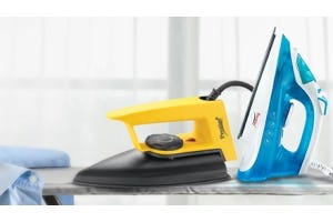 Two Prestige Electric Irons: Yellow Dry Iron and Blue Steam Iron