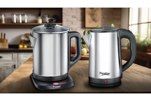 Two Prestige electric kettles, one with glass lid, on a kitchen countertop