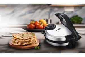 Prestige Roti Maker on a kitchen counter with a stack of rotis