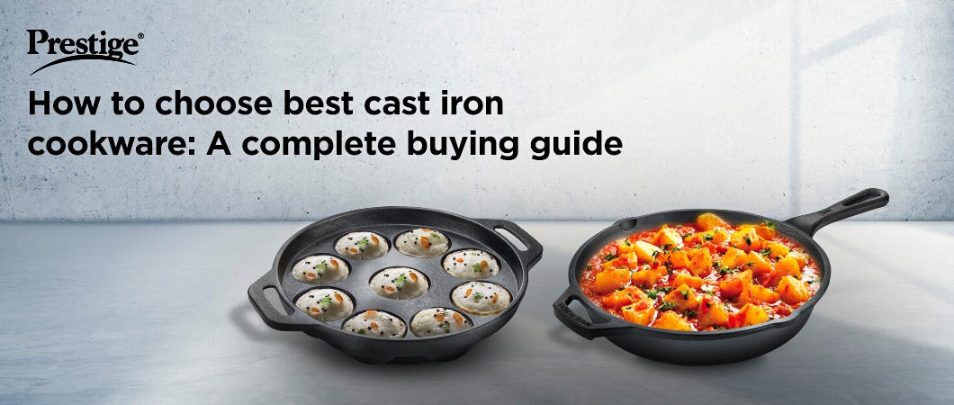 How To Choose Cast Iron Cookware: Prestige cast iron cookware featuring an appam pan with appams and a skillet with curry