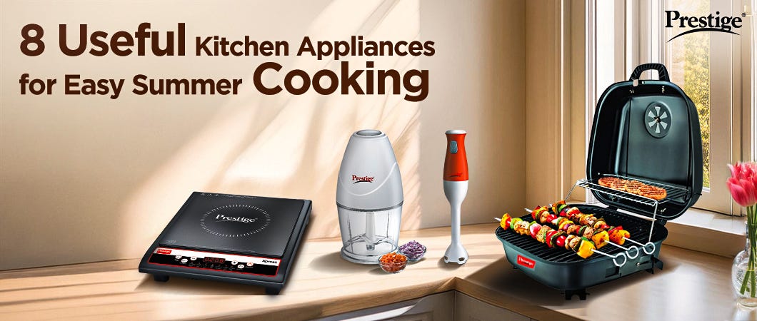 Prestige kitchen appliances for summer cooking, featuring an induction cooktop, chopper, hand blender, and portable grill with skewers.